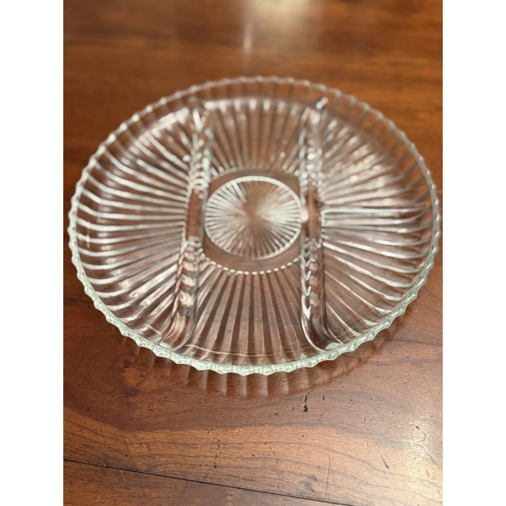 Vintage Indiana Glass Clear Ribbed 4 Section Divided Relish Tray Dish Platter